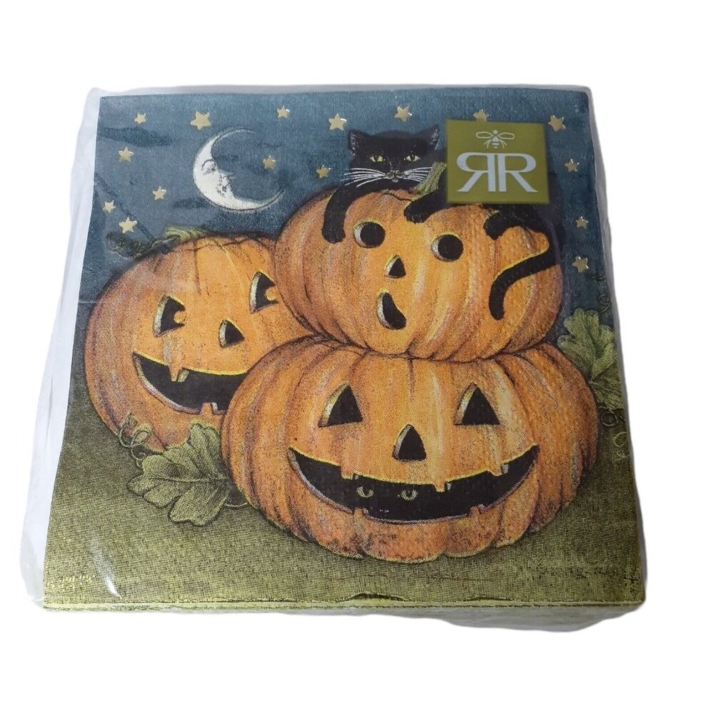Paper Party Napkins Halloween Stacked Pumpkins Gold Stars Black Cat 40 pc